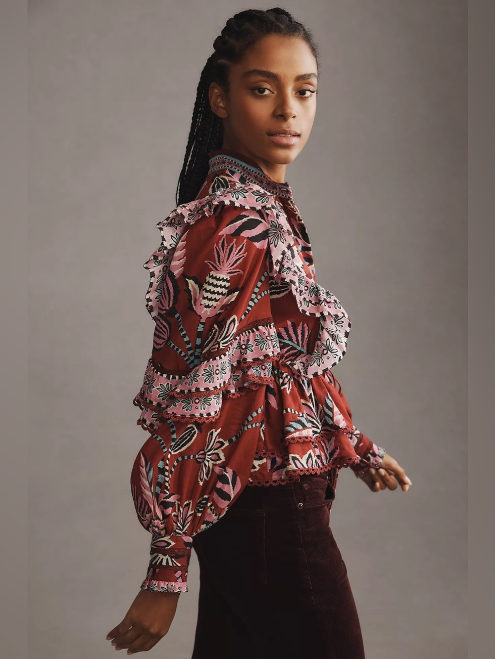 FARM Rio Boho Floral Ruffle Peplum Top - Burgundy Pink - Picture 3 of 11